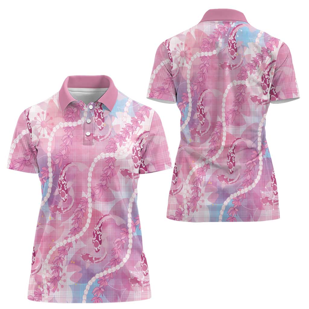 Japanese Koi Fish Women Polo Shirt Pink Wagara Palaka Honohono Pikake Lei