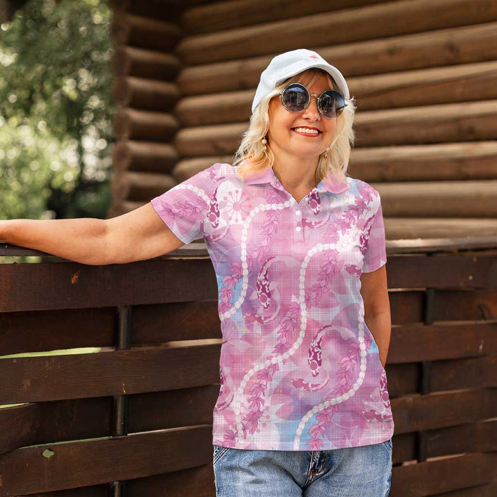 Japanese Koi Fish Women Polo Shirt Pink Wagara Palaka Honohono Pikake Lei