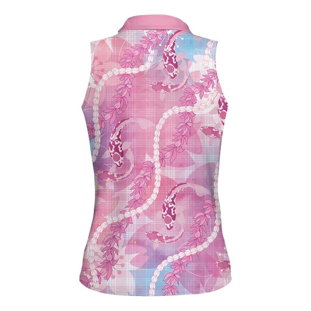 Japanese Koi Fish Women Sleeveless Polo Shirt Pink Wagara Palaka Honohono Pikake Lei