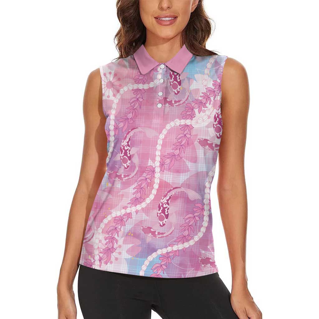 Japanese Koi Fish Women Sleeveless Polo Shirt Pink Wagara Palaka Honohono Pikake Lei