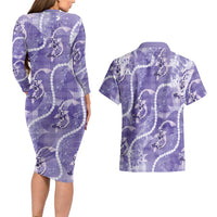 Japanese Koi Fish Couples Matching Long Sleeve Bodycon Dress and Hawaiian Shirt Purple Wagara Palaka Honohono Pikake Lei