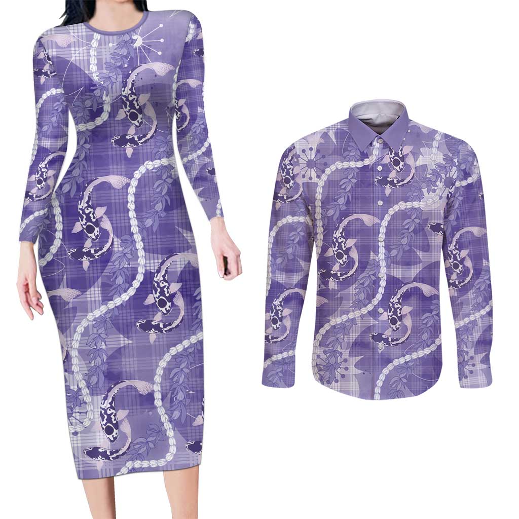 Japanese Koi Fish Couples Matching Long Sleeve Bodycon Dress and Long Sleeve Button Shirt Purple Wagara Palaka Honohono Pikake Lei LT9 Purple - Polynesian Pride