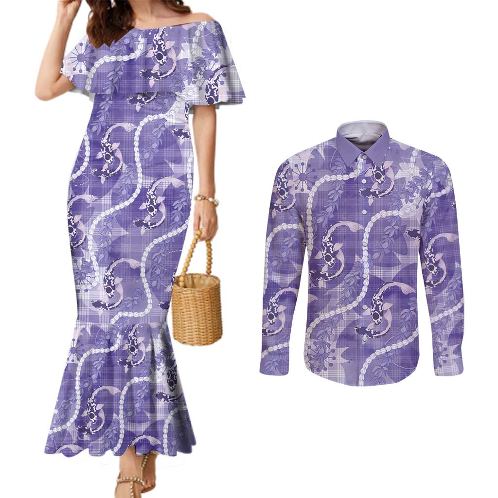Japanese Koi Fish Couples Matching Mermaid Dress and Long Sleeve Button Shirt Purple Wagara Palaka Honohono Pikake Lei