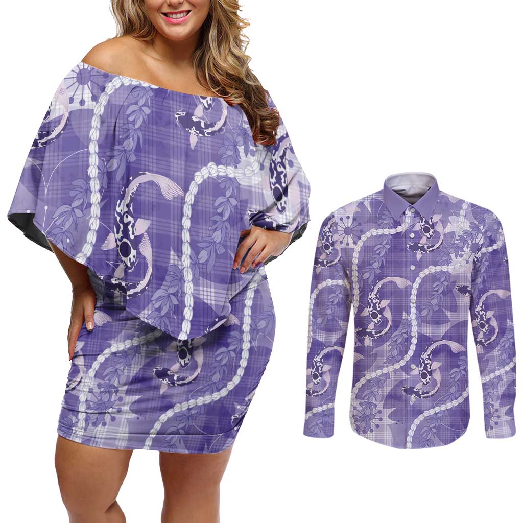 Japanese Koi Fish Couples Matching Off Shoulder Short Dress and Long Sleeve Button Shirt Purple Wagara Palaka Honohono Pikake Lei LT9 Purple - Polynesian Pride