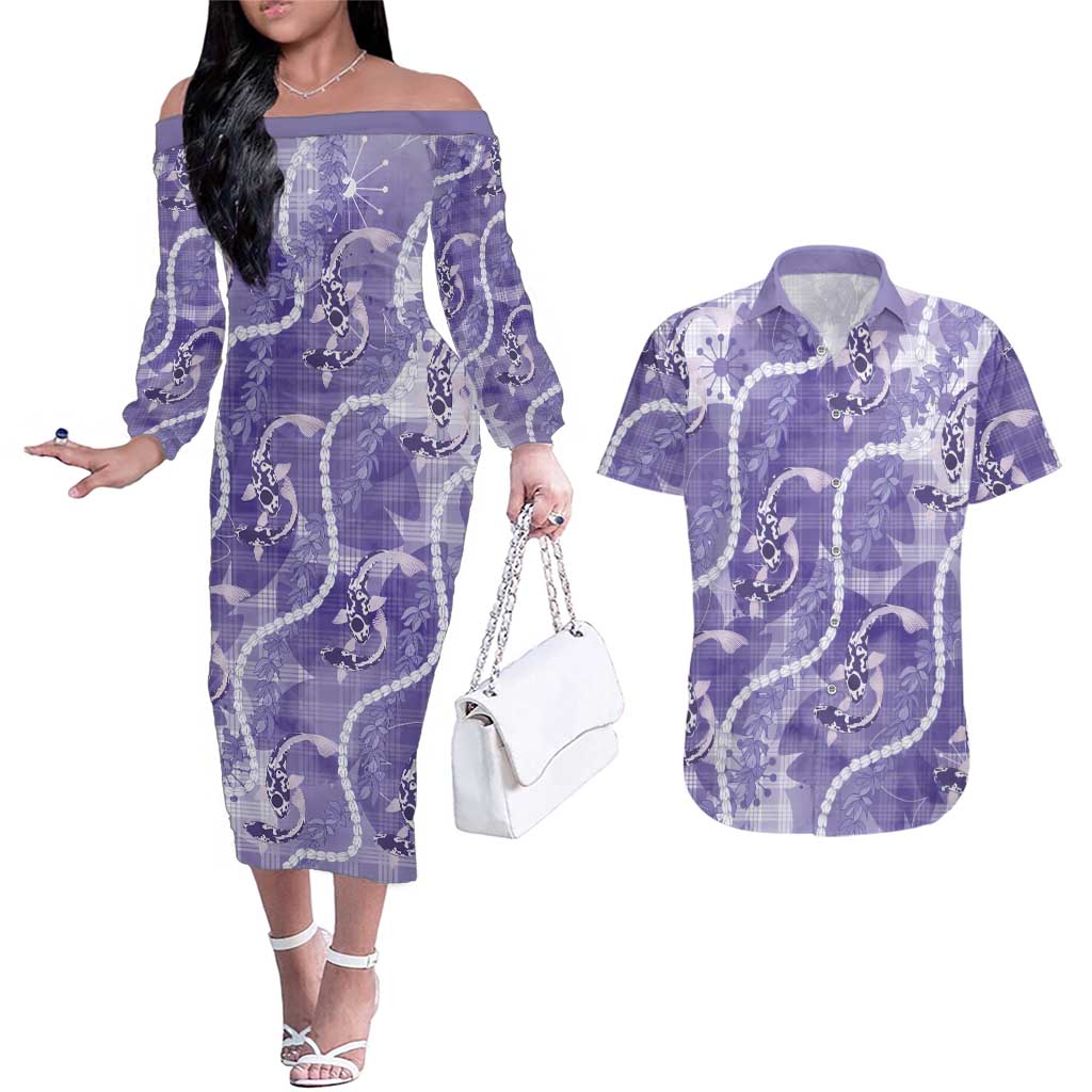 Japanese Koi Fish Couples Matching Off The Shoulder Long Sleeve Dress and Hawaiian Shirt Purple Wagara Palaka Honohono Pikake Lei