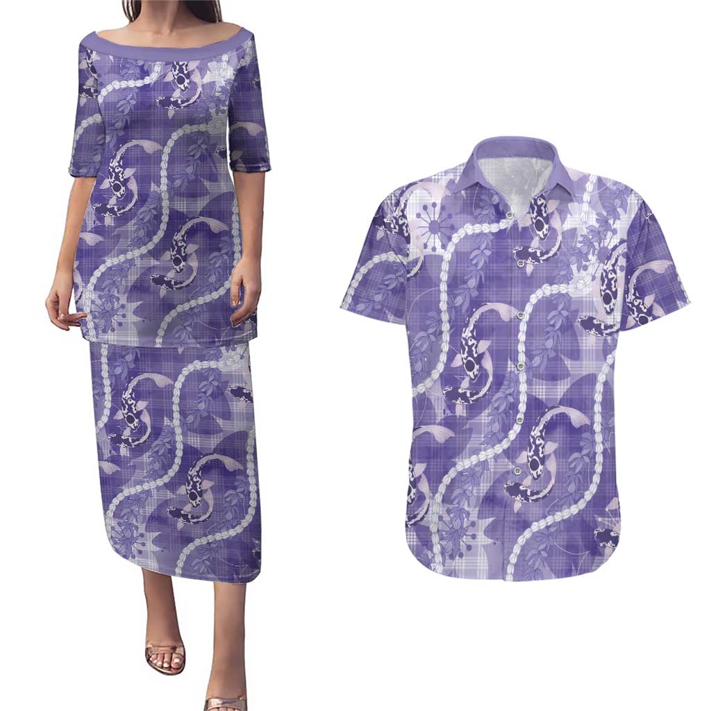 Japanese Koi Fish Couples Matching Puletasi and Hawaiian Shirt Purple Wagara Palaka Honohono Pikake Lei