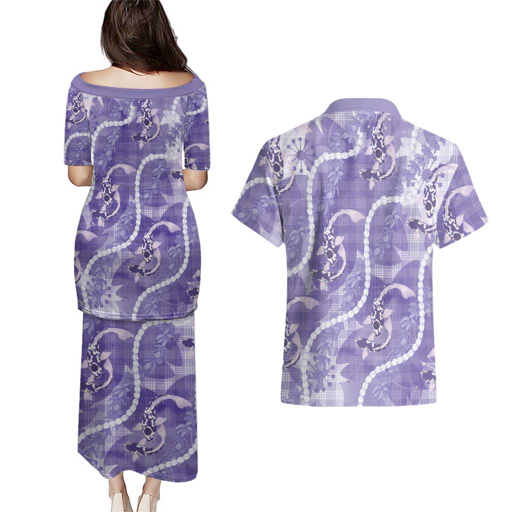 Japanese Koi Fish Couples Matching Puletasi and Hawaiian Shirt Purple Wagara Palaka Honohono Pikake Lei