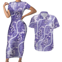 Japanese Koi Fish Couples Matching Short Sleeve Bodycon Dress and Hawaiian Shirt Purple Wagara Palaka Honohono Pikake Lei