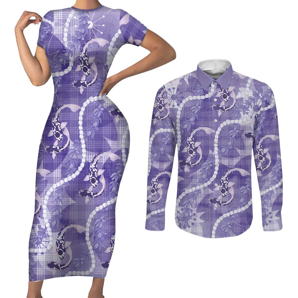 Japanese Koi Fish Couples Matching Short Sleeve Bodycon Dress and Long Sleeve Button Shirt Purple Wagara Palaka Honohono Pikake Lei