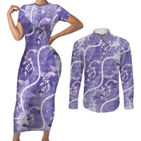 Japanese Koi Fish Couples Matching Short Sleeve Bodycon Dress and Long Sleeve Button Shirt Purple Wagara Palaka Honohono Pikake Lei