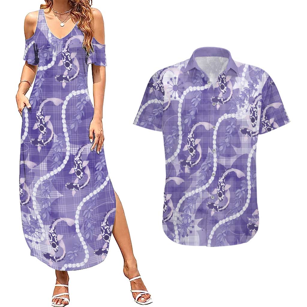 Japanese Koi Fish Couples Matching Summer Maxi Dress and Hawaiian Shirt Purple Wagara Palaka Honohono Pikake Lei
