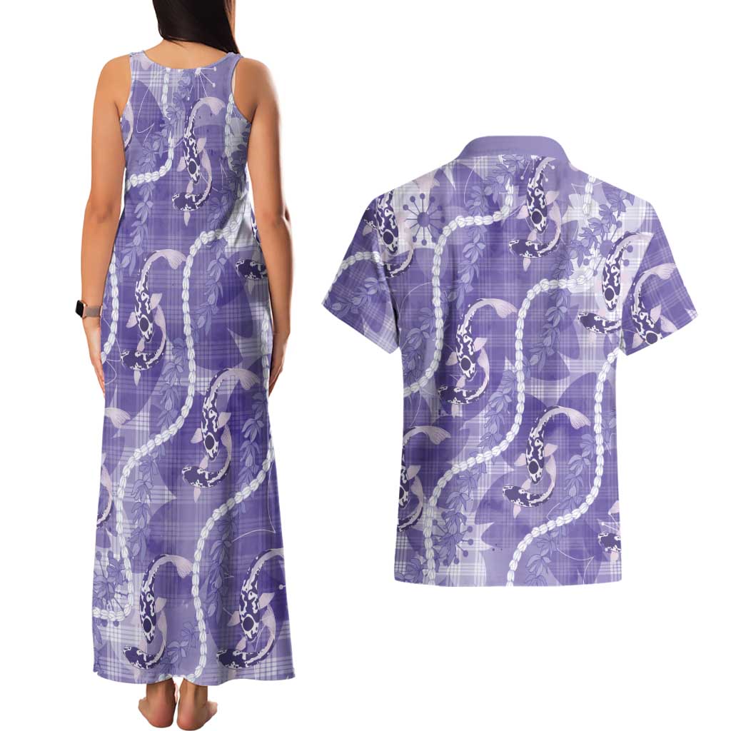 Japanese Koi Fish Couples Matching Tank Maxi Dress and Hawaiian Shirt Purple Wagara Palaka Honohono Pikake Lei
