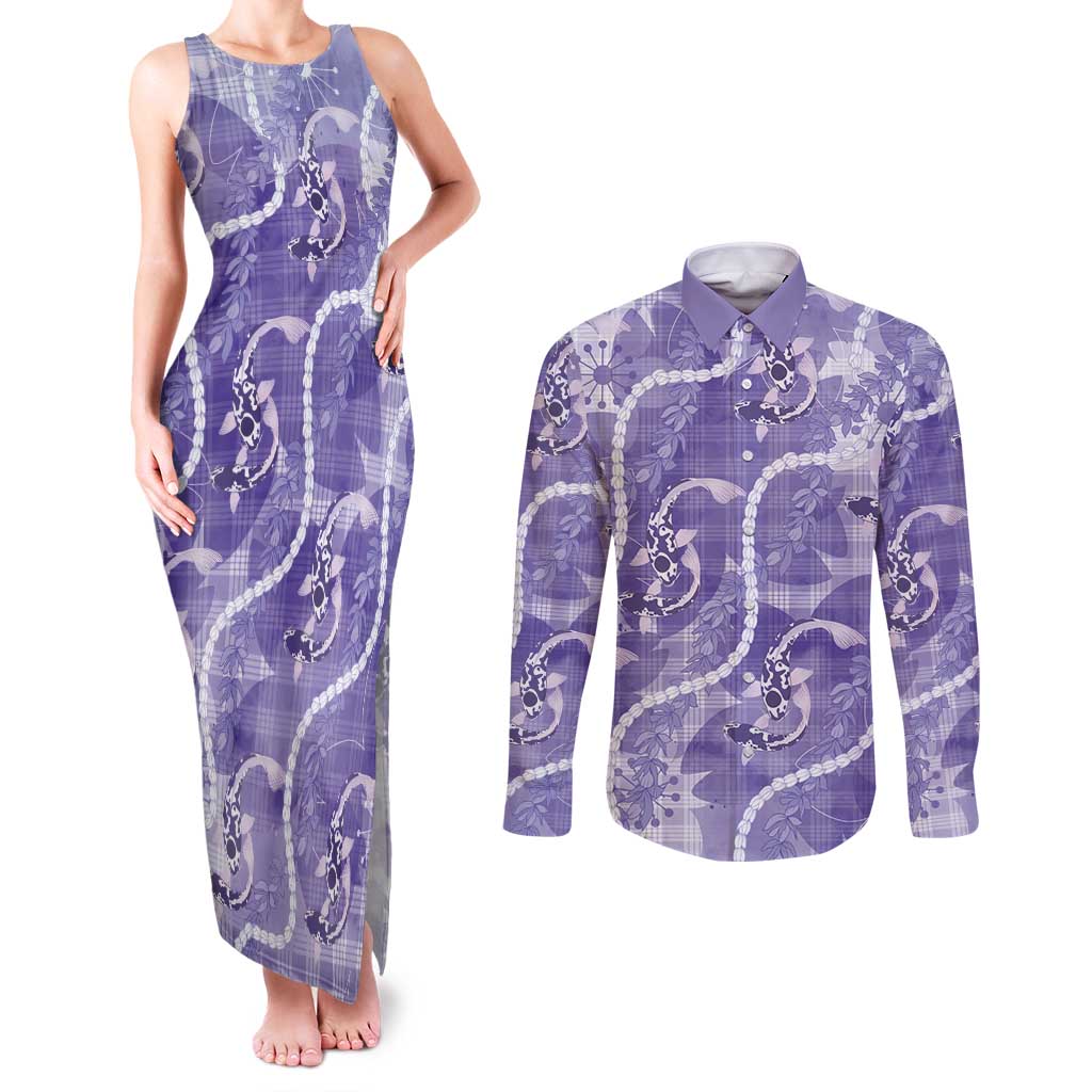 Japanese Koi Fish Couples Matching Tank Maxi Dress and Long Sleeve Button Shirt Purple Wagara Palaka Honohono Pikake Lei LT9 Purple - Polynesian Pride