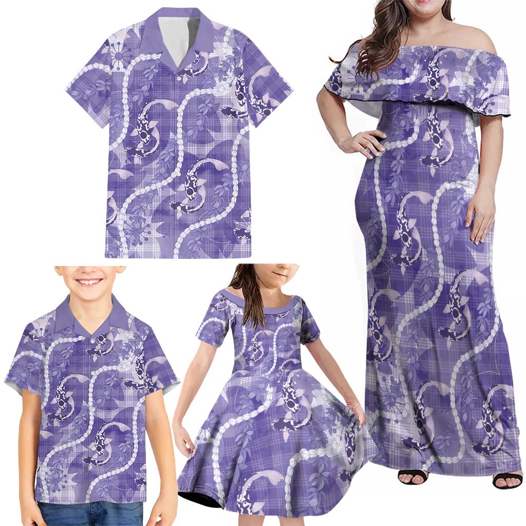Japanese Koi Fish Family Matching Off Shoulder Maxi Dress and Hawaiian Shirt Purple Wagara Palaka Honohono Pikake Lei LT9 - Polynesian Pride