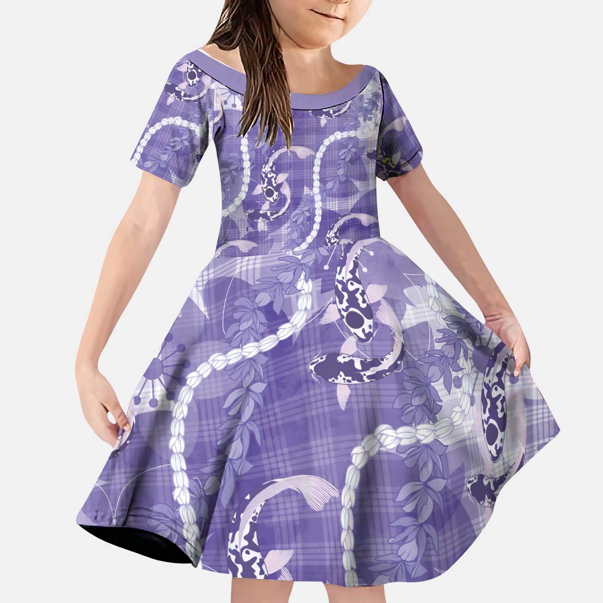 Japanese Koi Fish Kid Short Sleeve Dress Purple Wagara Palaka Honohono Pikake Lei