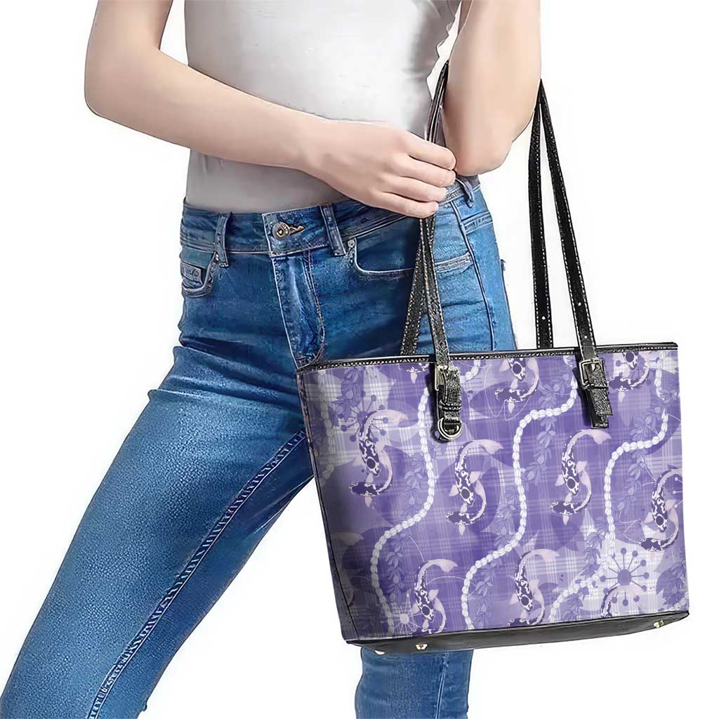 Japanese Koi Fish Leather Tote Bag Purple Wagara Palaka Honohono Pikake Lei
