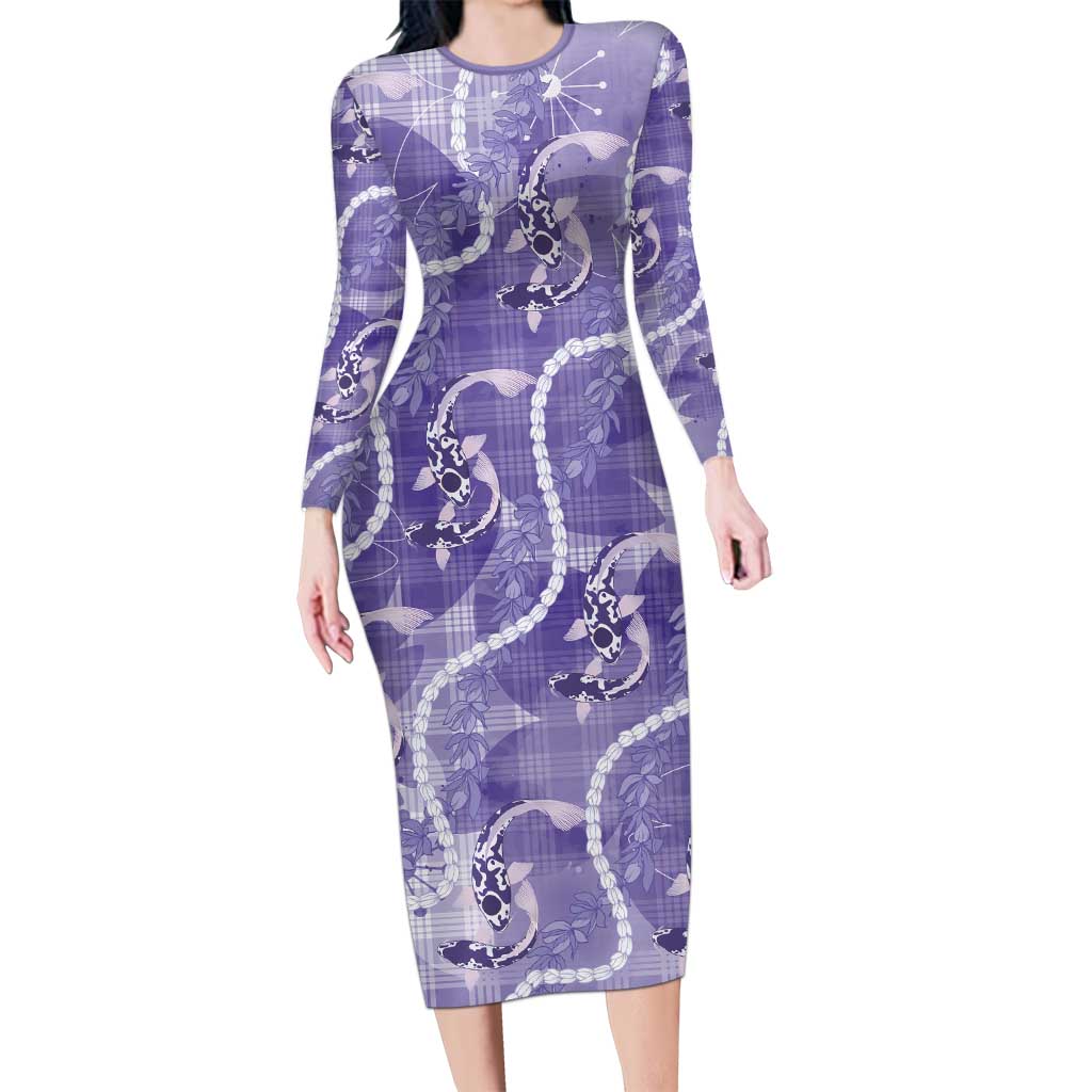 Japanese Koi Fish Long Sleeve Bodycon Dress Purple Wagara Palaka Honohono Pikake Lei