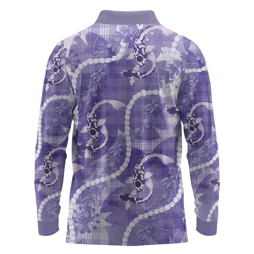 Japanese Koi Fish Long Sleeve Polo Shirt Purple Wagara Palaka Honohono Pikake Lei