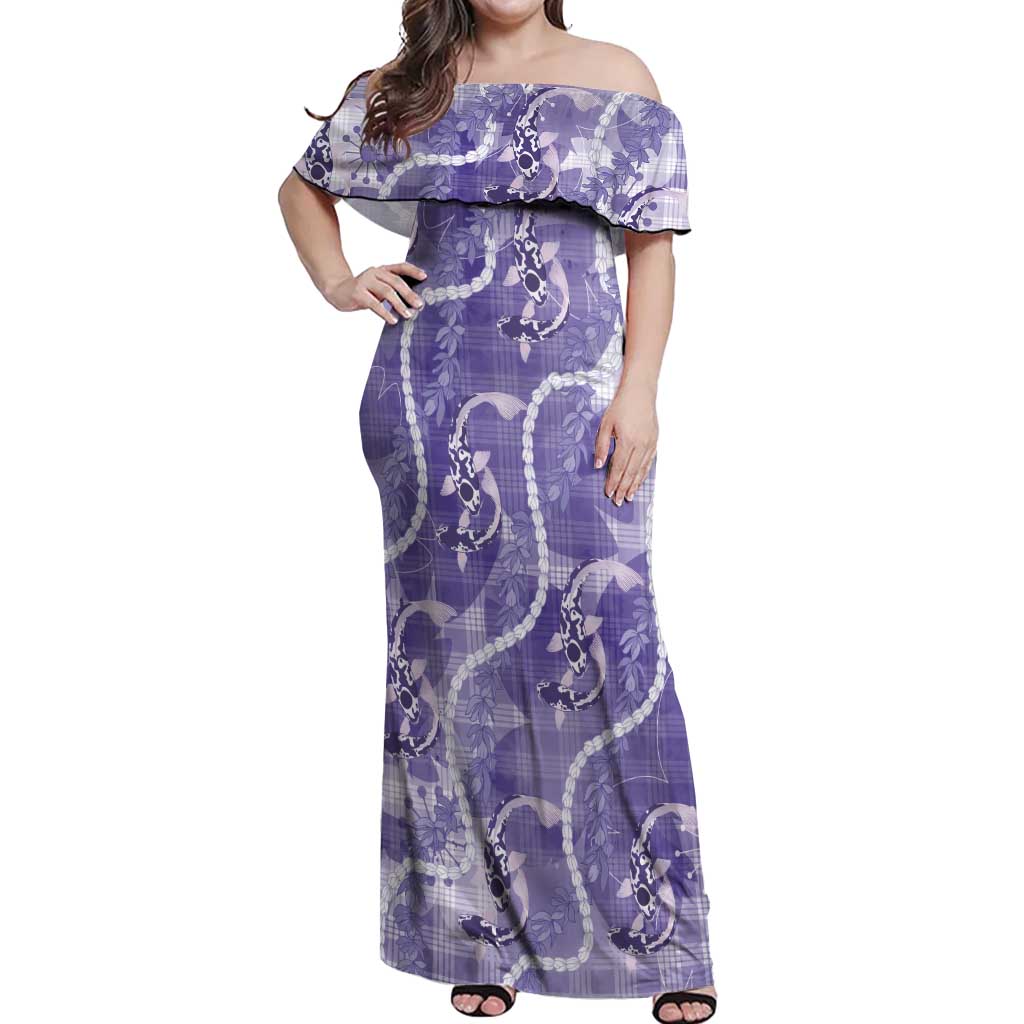 Japanese Koi Fish Off Shoulder Maxi Dress Purple Wagara Palaka Honohono Pikake Lei