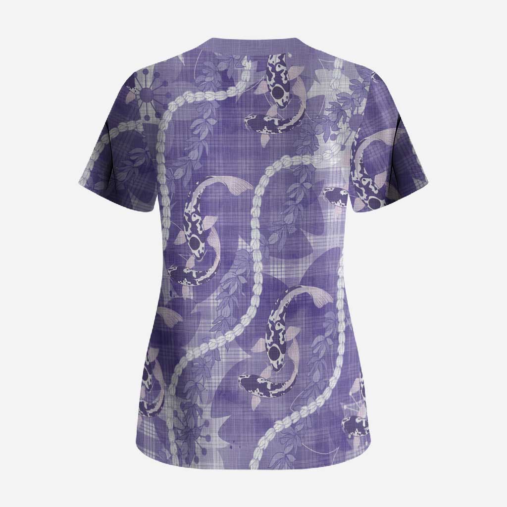 Japanese Koi Fish Scrub Top Purple Wagara Palaka Honohono Pikake Lei