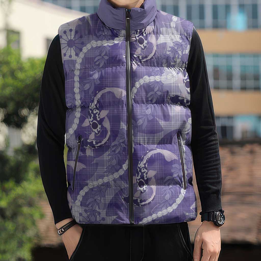Japanese Koi Fish Sleeveless Puffer Jacket Purple Wagara Palaka Honohono Pikake Lei