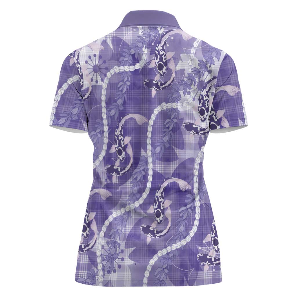 Japanese Koi Fish Women Polo Shirt Purple Wagara Palaka Honohono Pikake Lei