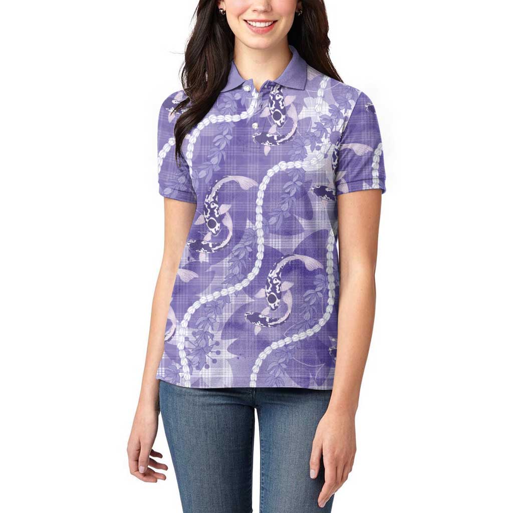 Japanese Koi Fish Women Polo Shirt Purple Wagara Palaka Honohono Pikake Lei
