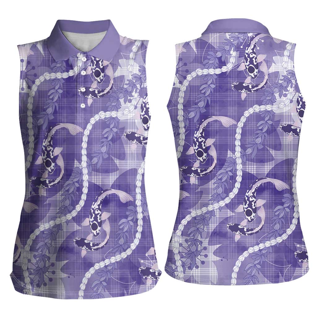 Japanese Koi Fish Women Sleeveless Polo Shirt Purple Wagara Palaka Honohono Pikake Lei