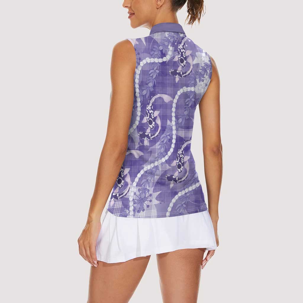Japanese Koi Fish Women Sleeveless Polo Shirt Purple Wagara Palaka Honohono Pikake Lei