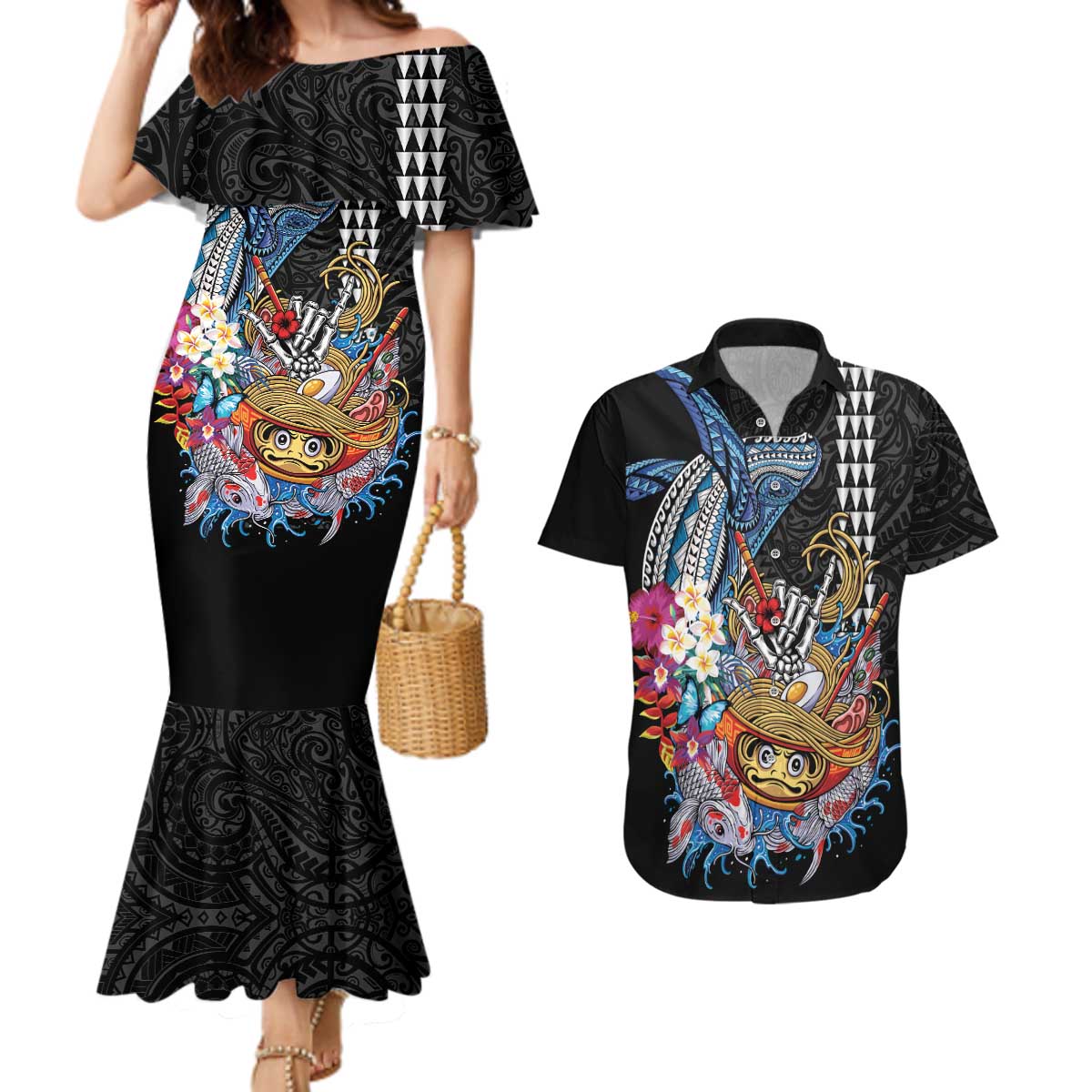 Personalized Japanese Koi Fish Ramen Couples Matching Mermaid Dress and Hawaiian Shirt Aloha Shark Kakau Pattern LT9 Black - Polynesian Pride