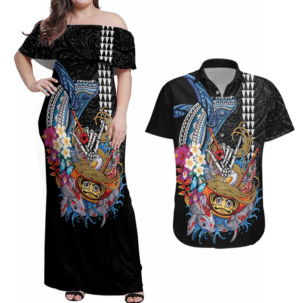 Personalized Japanese Koi Fish Ramen Couples Matching Off Shoulder Maxi Dress and Hawaiian Shirt Aloha Shark Kakau Pattern LT9 Black - Polynesian Pride