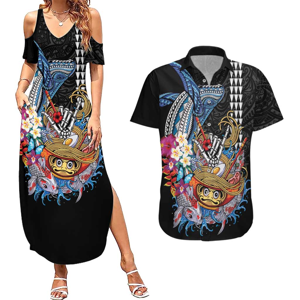 Personalized Japanese Koi Fish Ramen Couples Matching Summer Maxi Dress and Hawaiian Shirt Aloha Shark Kakau Pattern LT9 Black - Polynesian Pride
