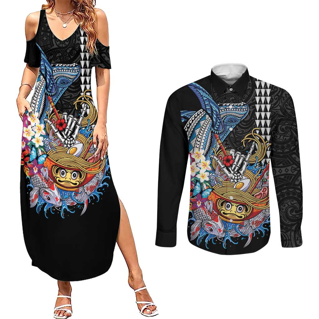 Personalized Japanese Koi Fish Ramen Couples Matching Summer Maxi Dress and Long Sleeve Button Shirt Aloha Shark Kakau Pattern