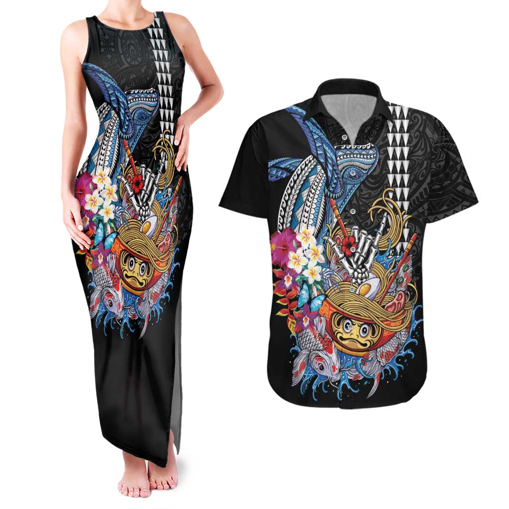 Personalized Japanese Koi Fish Ramen Couples Matching Tank Maxi Dress and Hawaiian Shirt Aloha Shark Kakau Pattern LT9 Black - Polynesian Pride