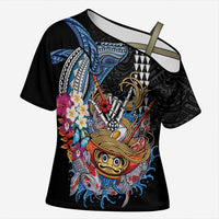 Personalized Japanese Koi Fish Ramen Cross Shoulder Shirt Aloha Shark Kakau Pattern LT9 Female Black - Polynesian Pride