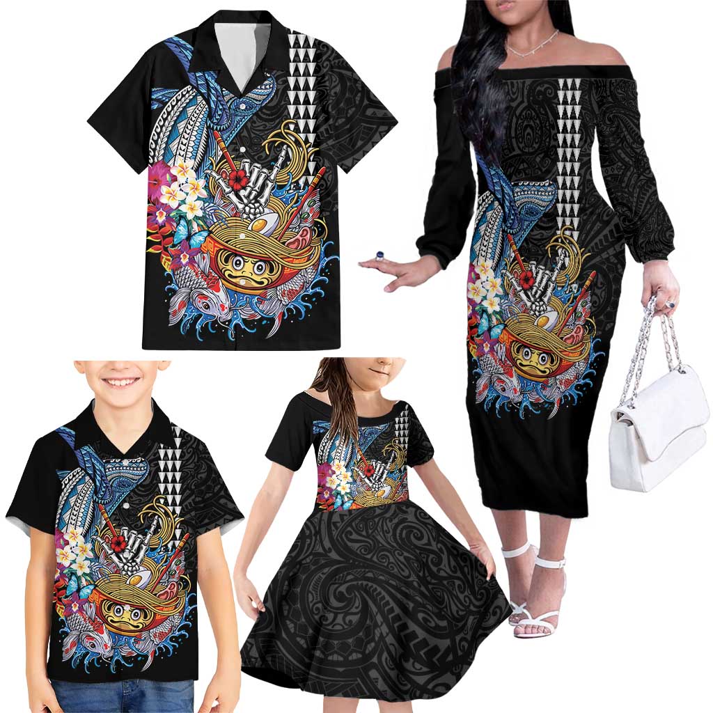 Personalized Japanese Koi Fish Ramen Family Matching Off The Shoulder Long Sleeve Dress and Hawaiian Shirt Aloha Shark Kakau Pattern LT9 - Polynesian Pride