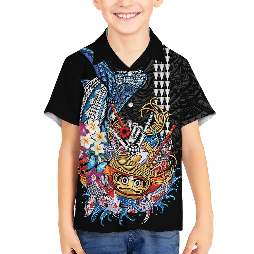 Personalized Japanese Koi Fish Ramen Kid Hawaiian Shirt Aloha Shark Kakau Pattern LT9 Kid Black - Polynesian Pride