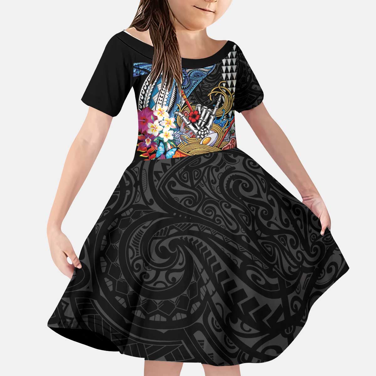 Personalized Japanese Koi Fish Ramen Kid Short Sleeve Dress Aloha Shark Kakau Pattern LT9 KID Black - Polynesian Pride