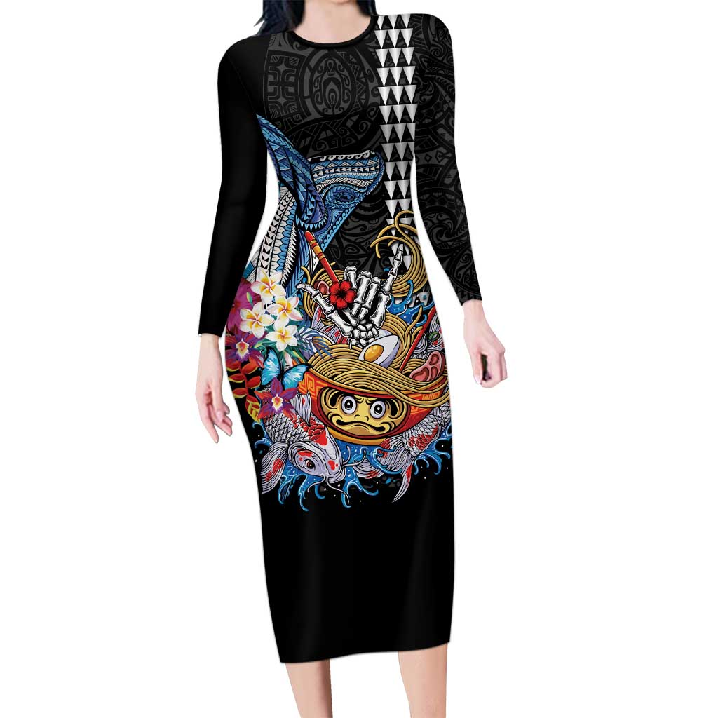 Personalized Japanese Koi Fish Ramen Long Sleeve Bodycon Dress Aloha Shark Kakau Pattern