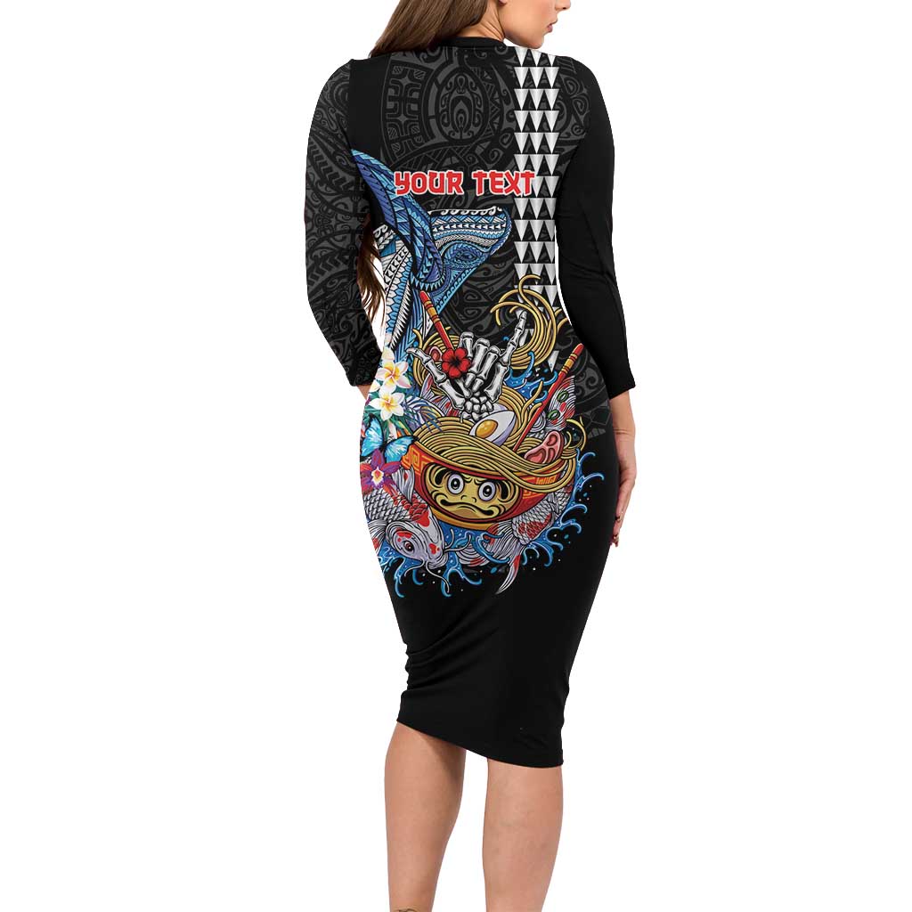 Personalized Japanese Koi Fish Ramen Long Sleeve Bodycon Dress Aloha Shark Kakau Pattern