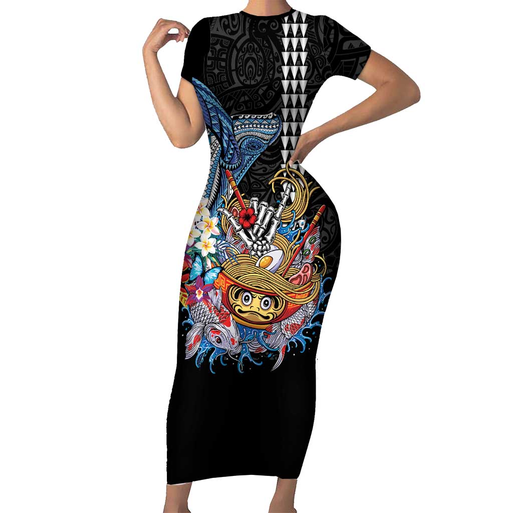 Personalized Japanese Koi Fish Ramen Short Sleeve Bodycon Dress Aloha Shark Kakau Pattern
