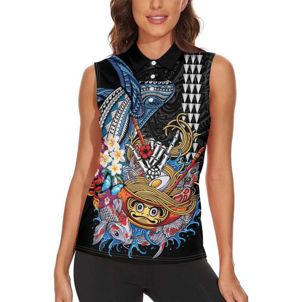Personalized Japanese Koi Fish Ramen Women Sleeveless Polo Shirt Aloha Shark Kakau Pattern