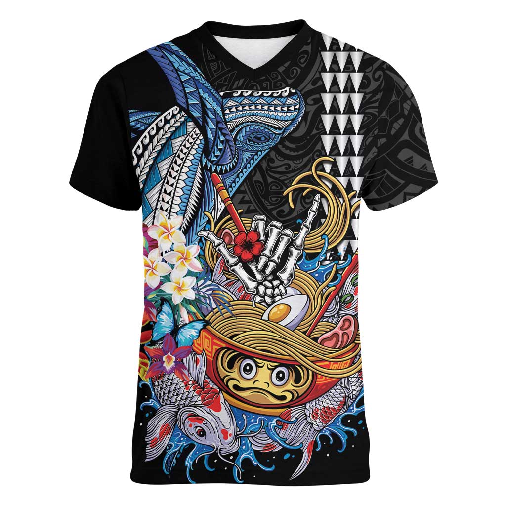 Personalized Japanese Koi Fish Ramen Women V-Neck T-Shirt Aloha Shark Kakau Pattern