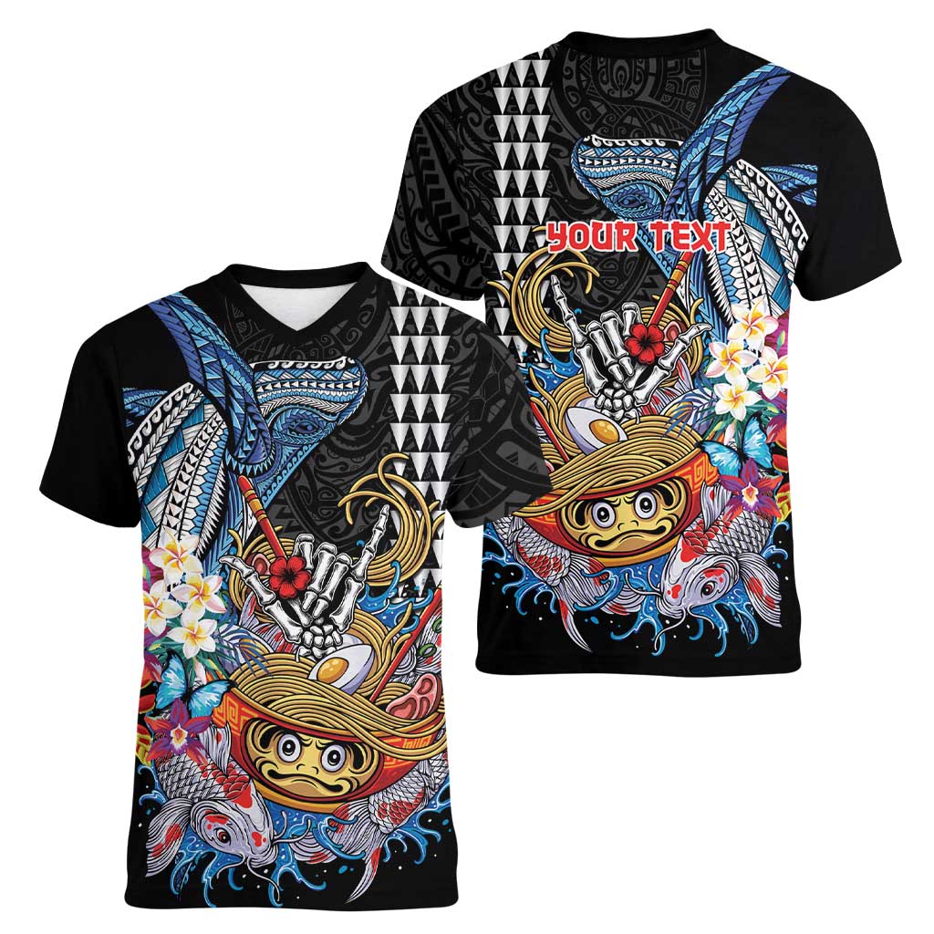 Personalized Japanese Koi Fish Ramen Women V-Neck T-Shirt Aloha Shark Kakau Pattern