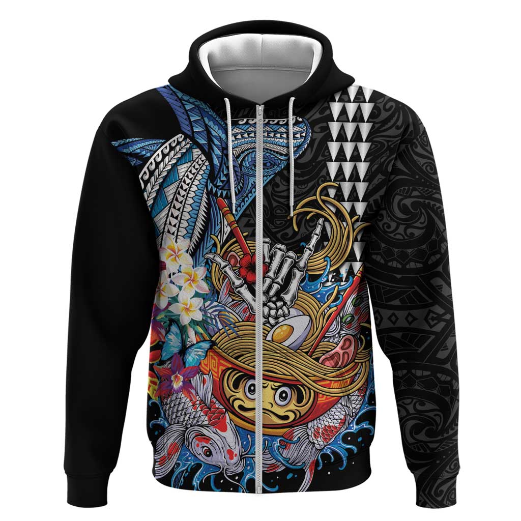Personalized Japanese Koi Fish Ramen Zip Hoodie Aloha Shark Kakau Pattern LT9 Zip Hoodie Black - Polynesian Pride
