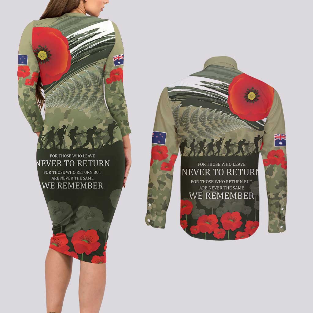 ANZAC Day We Remember Couples Matching Long Sleeve Bodycon Dress and Long Sleeve Button Shirt Maori Silver Fern Camouflage Motif