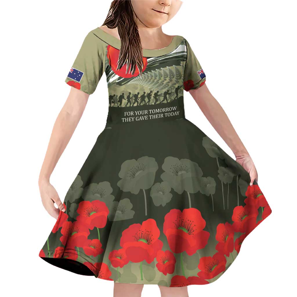 ANZAC Day We Remember Family Matching Off Shoulder Short Dress and Hawaiian Shirt Maori Silver Fern Camouflage Motif