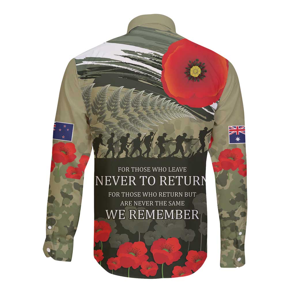 ANZAC Day We Remember Long Sleeve Button Shirt Maori Silver Fern Camouflage Motif