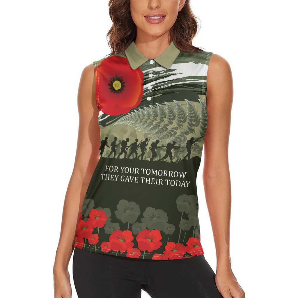 ANZAC Day We Remember Women Sleeveless Polo Shirt Maori Silver Fern Camouflage Motif