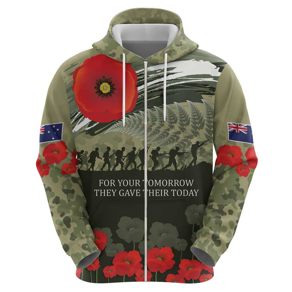 ANZAC Day We Remember Zip Hoodie Maori Silver Fern Camouflage Motif